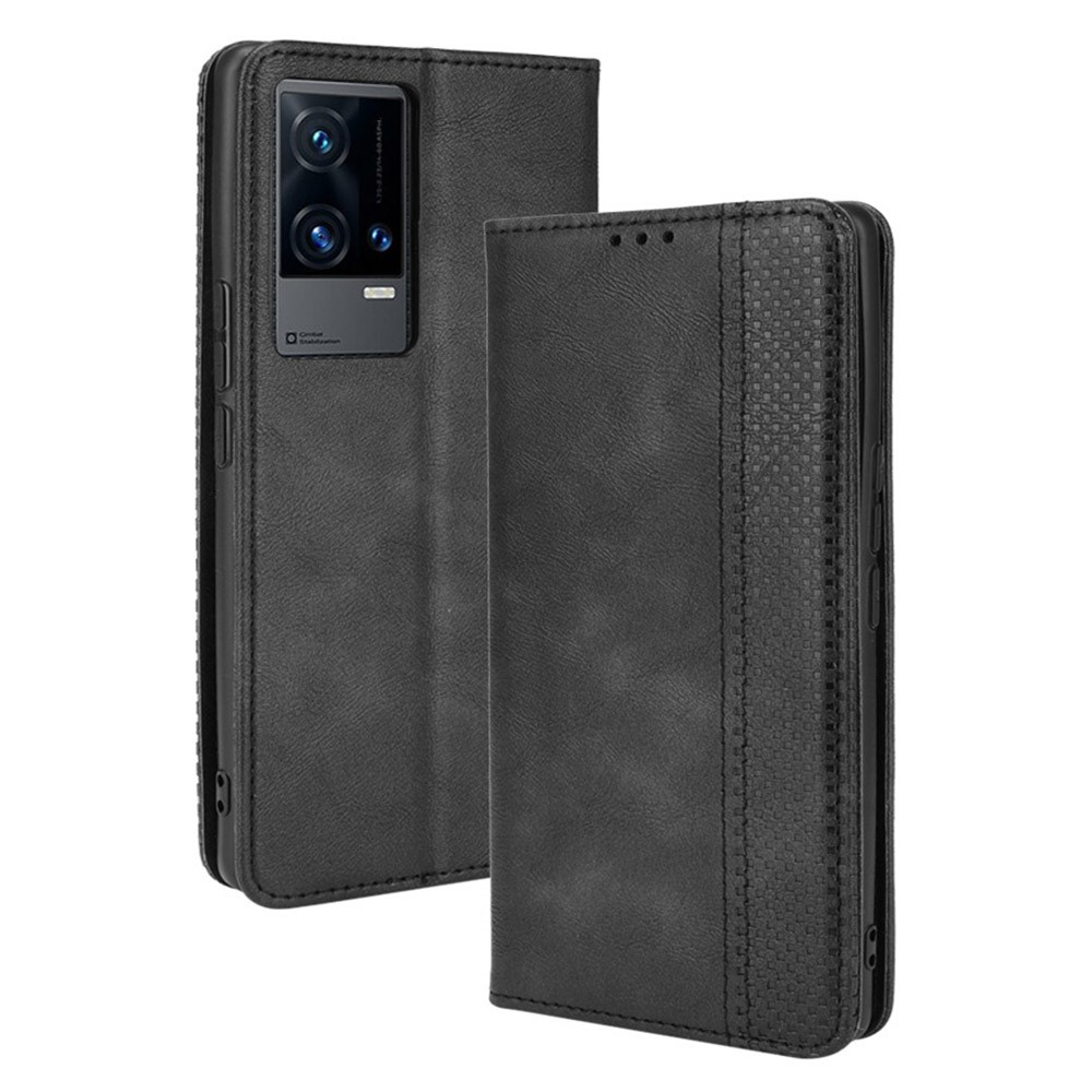 Wallet Design Retro Textured Surface Anti-Drop Phone Leather Case Stand Cover for vivo iQOO 8 Pro - Black-1