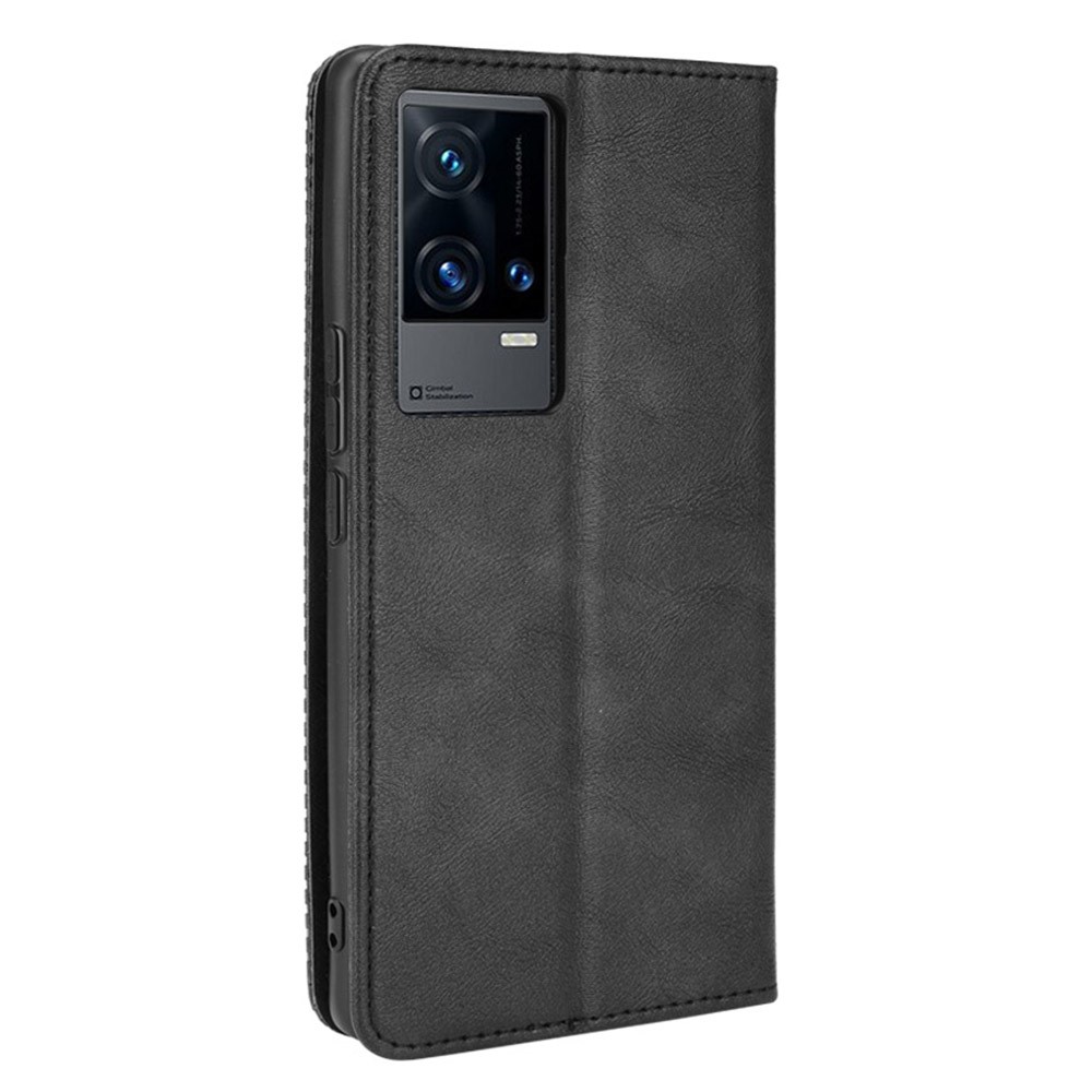 Wallet Design Retro Textured Surface Anti-Drop Phone Leather Case Stand Cover for vivo iQOO 8 Pro - Black-3