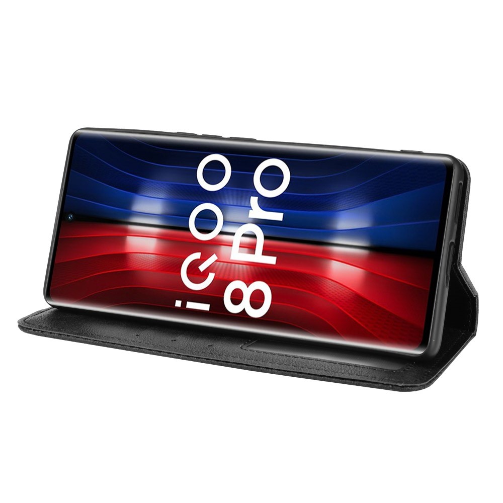 Wallet Design Retro Textured Surface Anti-Drop Phone Leather Case Stand Cover for vivo iQOO 8 Pro - Black-5