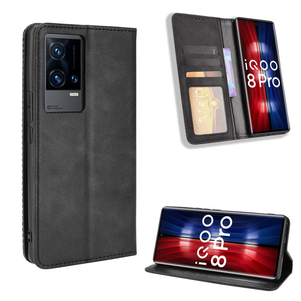 Wallet Design Retro Textured Surface Anti-Drop Phone Leather Case Stand Cover for vivo iQOO 8 Pro - Black-9