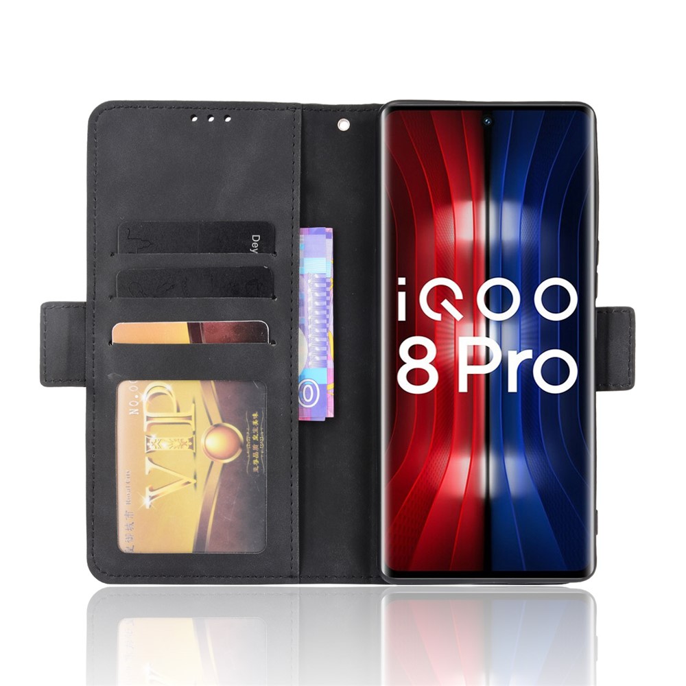Flip Phone Case Multiple Card Slot Design PU Leather Wallet Cover Protector for vivo iQOO 8 Pro - Black-4