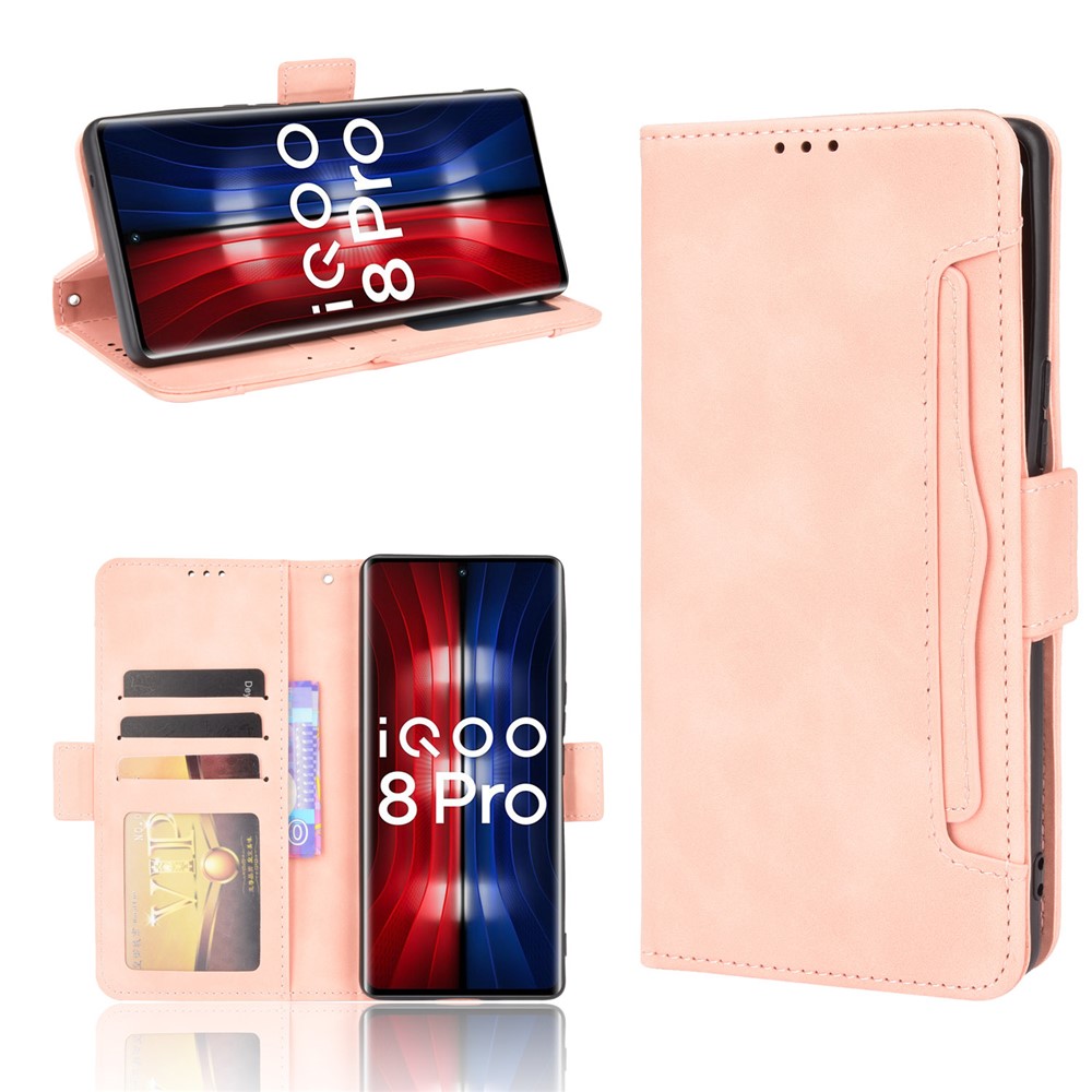 Flip Phone Case Multiple Card Slot Design PU Leather Wallet Cover Protector for vivo iQOO 8 Pro - Pink-10