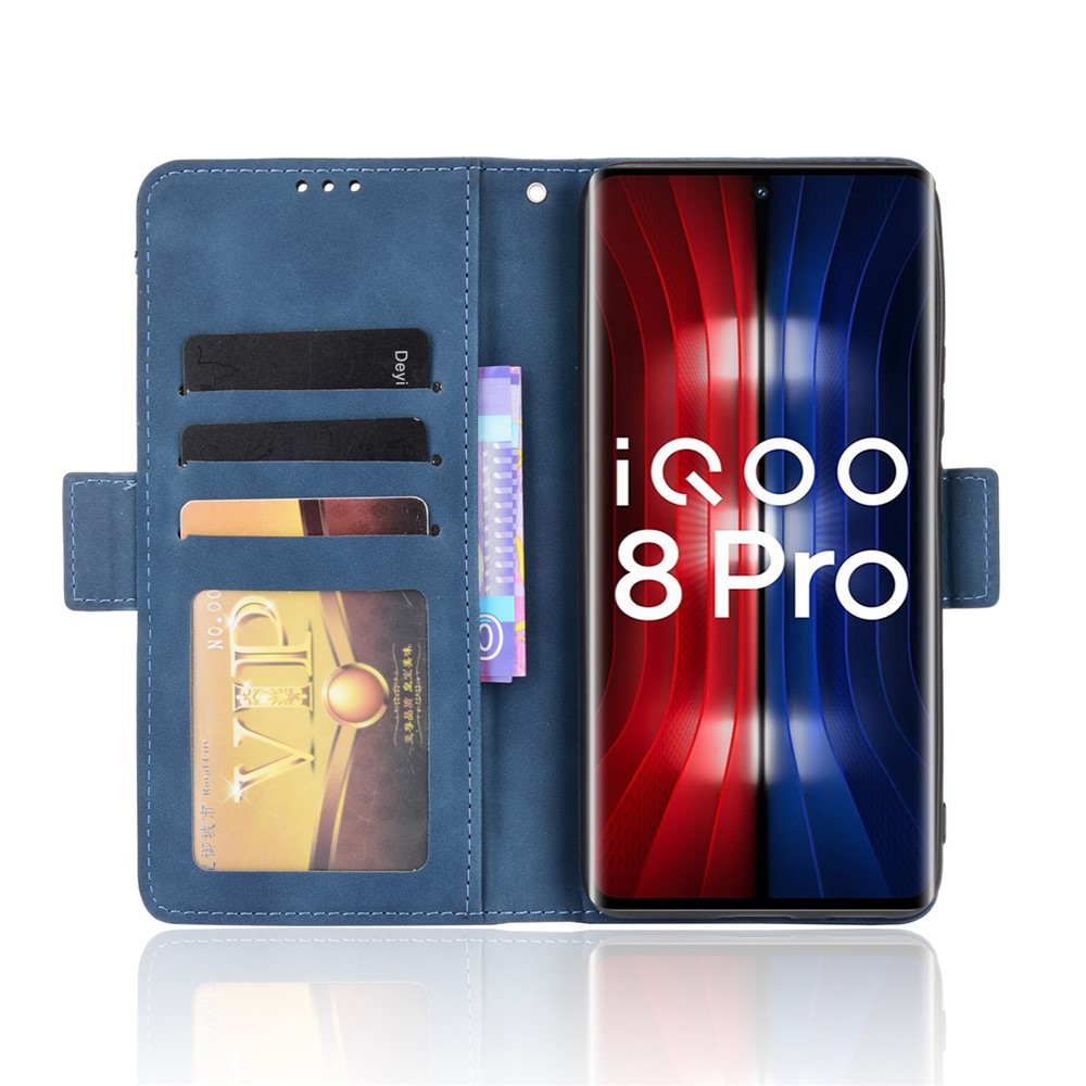 Flip Phone Case Multiple Card Slot Design PU Leather Wallet Cover Protector for vivo iQOO 8 Pro - Blue-4
