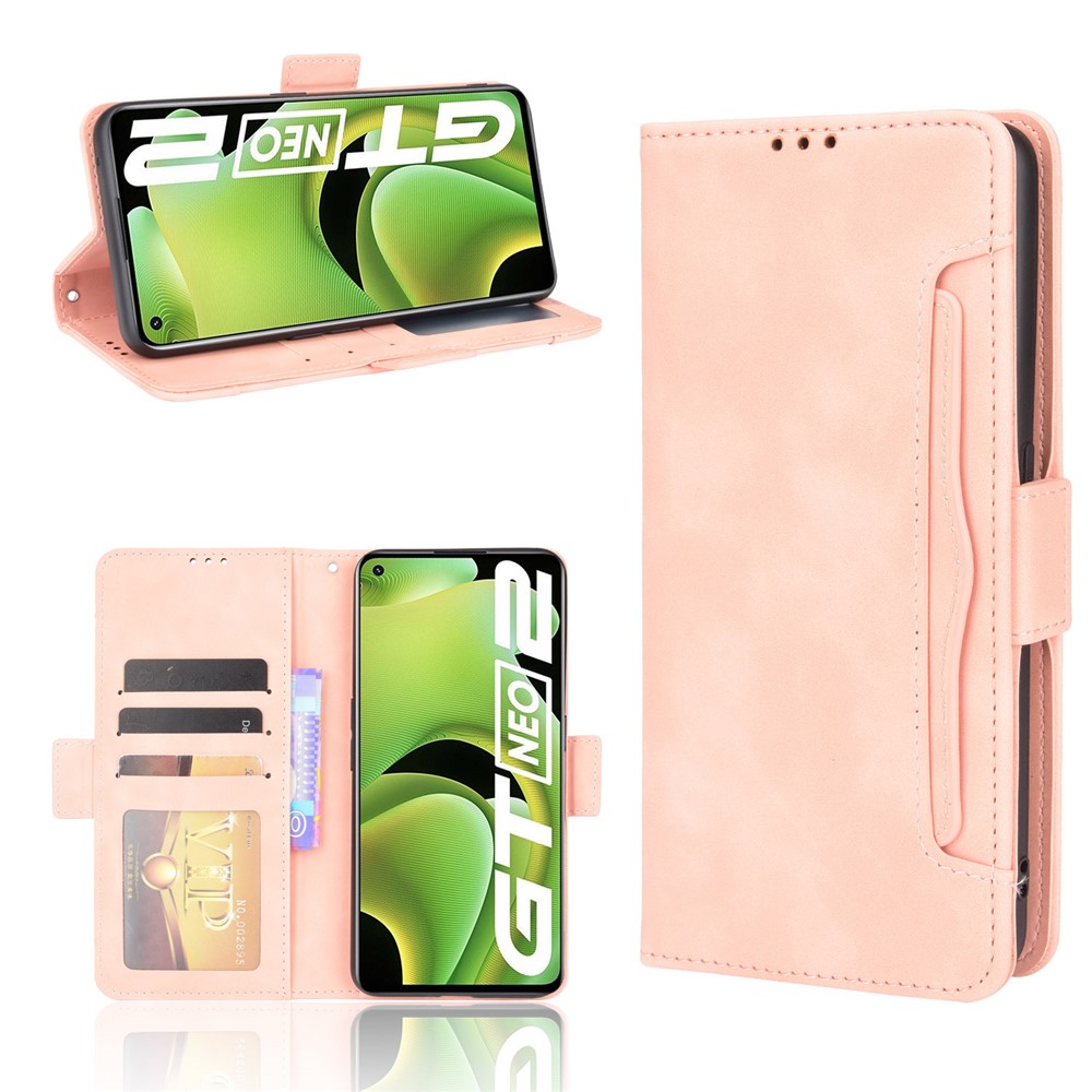 For Realme GT Neo2 Large Storage Spece Flip Phone Case Multiple Card Slot Design PU Leather Wallet Cover Protector - Pink-10