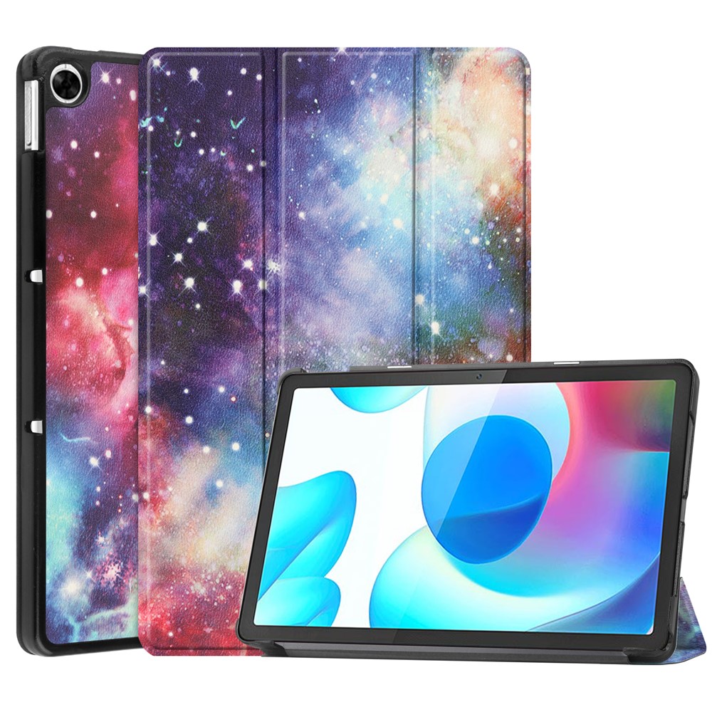 Pattern Printing Design Hard PC + PU Leather Durable Shock Resistance Trifold Stand Tablet Cover for Realme Pad - Nebula-1