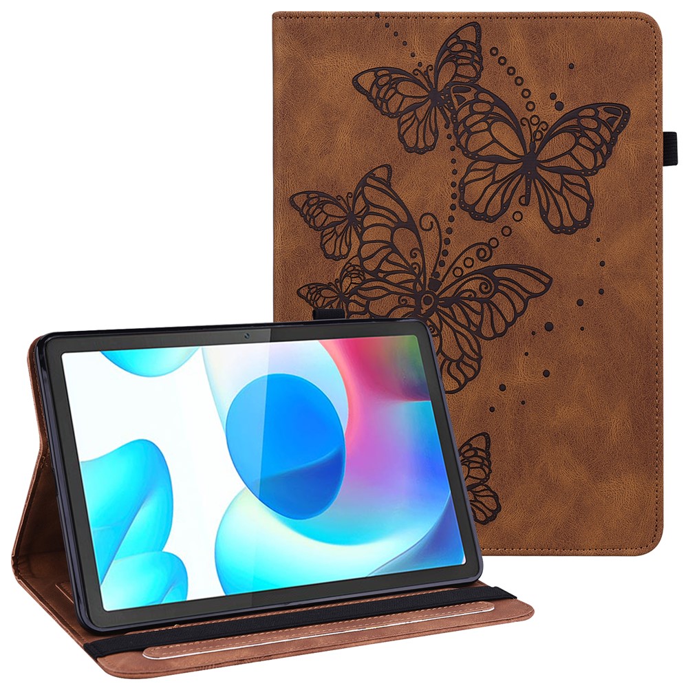 Scratch Resistant Auto Wake/Sleep Stand Tablet Case Imprinting Butterflies Leather Wallet Cover for Realme Pad 10.4'' - Brown-1