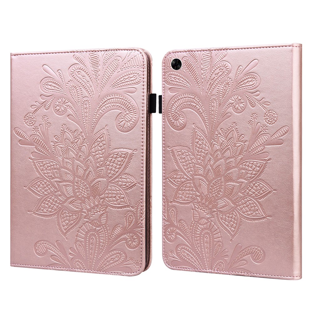 Auto Wake/Sleep Stand Tablet Case Imprinting Flower Elastic Band Closure Leather Wallet Cover for Realme Pad 10.4 inch - Rose Gold-10