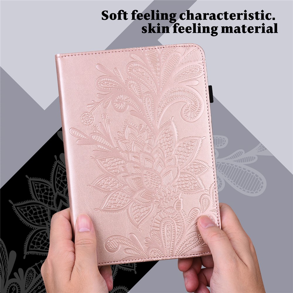 Auto Wake/Sleep Stand Tablet Case Imprinting Flower Elastic Band Closure Leather Wallet Cover for Realme Pad 10.4 inch - Rose Gold-7