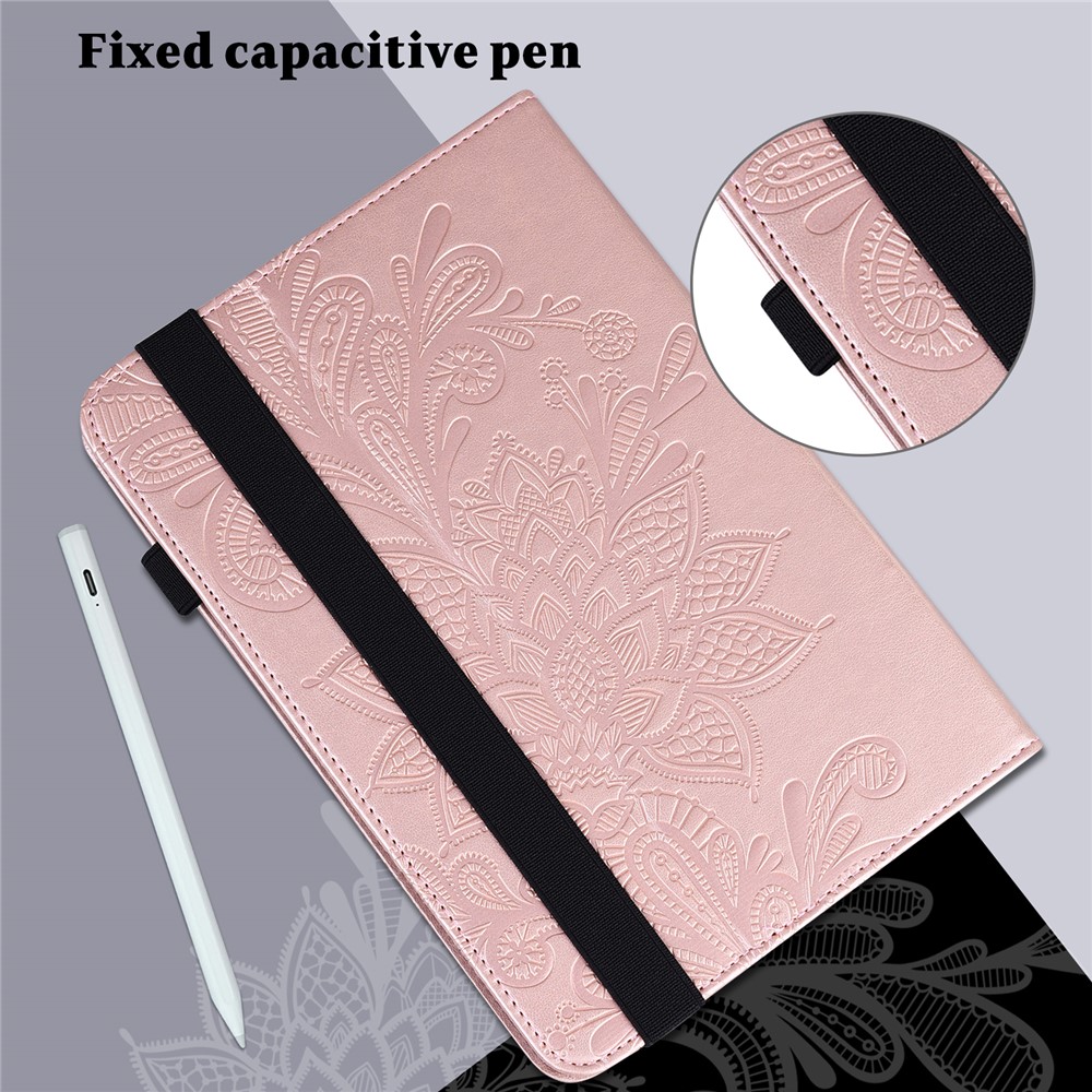 Auto Wake/Sleep Stand Tablet Case Imprinting Flower Elastic Band Closure Leather Wallet Cover for Realme Pad 10.4 inch - Rose Gold-8