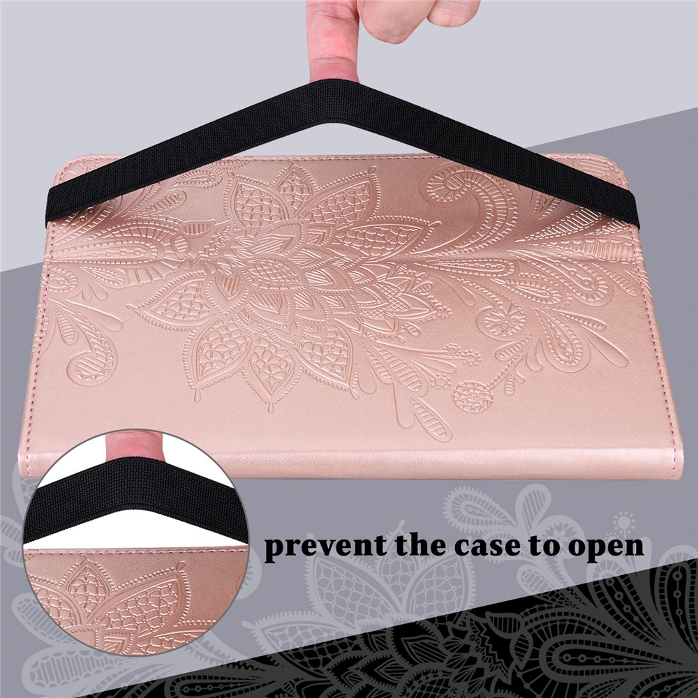 Auto Wake/Sleep Stand Tablet Case Imprinting Flower Elastic Band Closure Leather Wallet Cover for Realme Pad 10.4 inch - Rose Gold-9