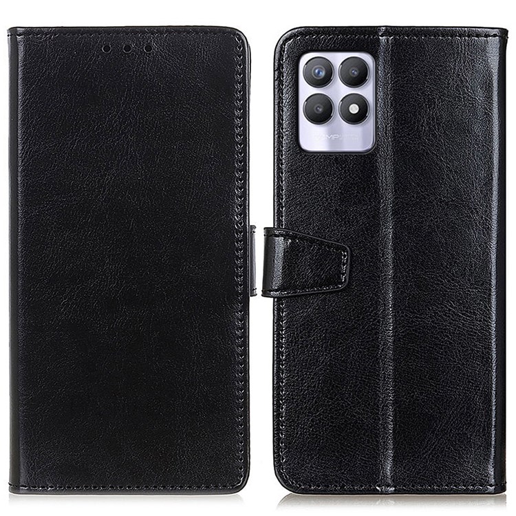 Anti-Drop Case All-Inclusive Textured Leather Wallet Phone Stand Cover Shell for Realme 8i - Black-1