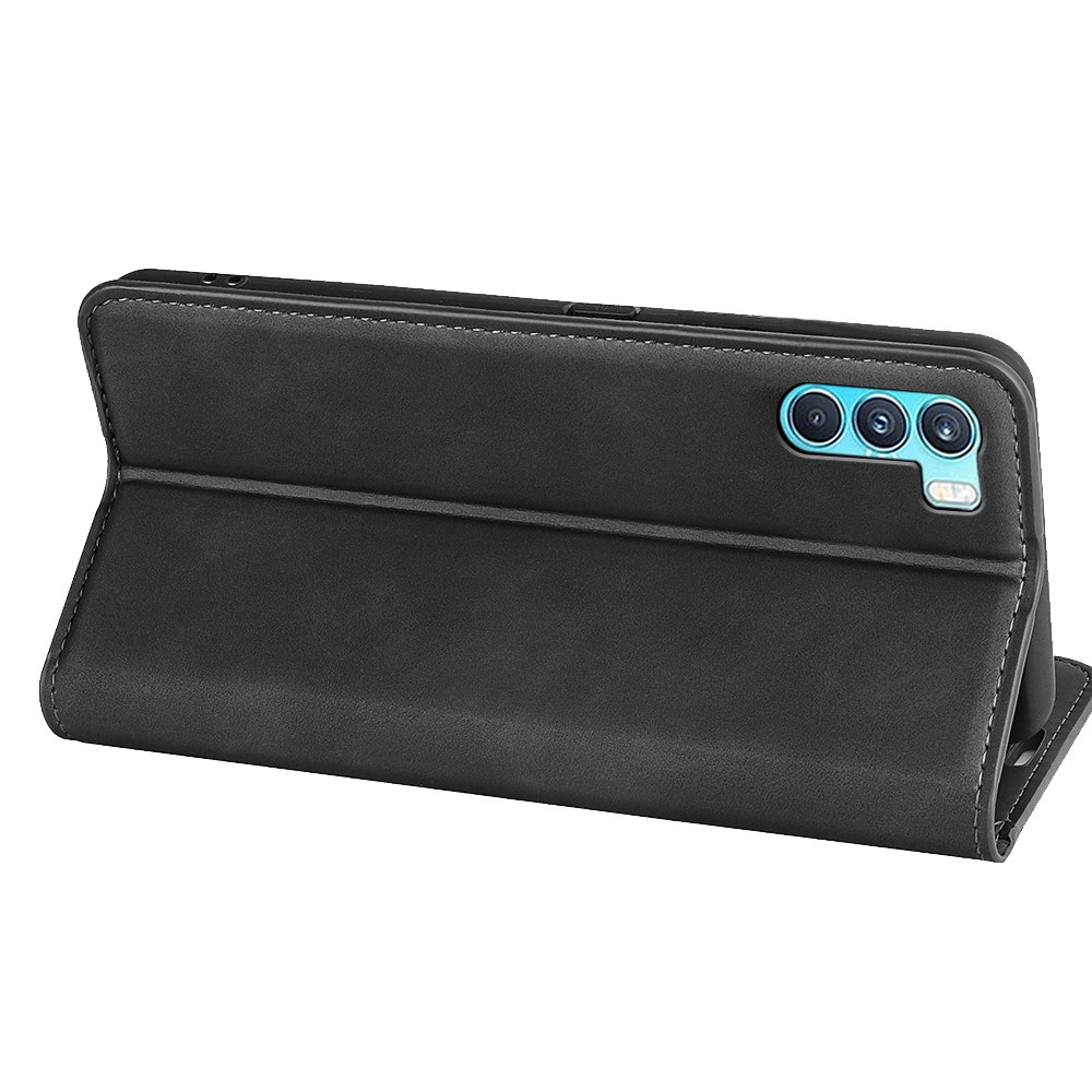 Automatic Magnetic Closure Skin-Touch Smooth Shockproof Flip Wallet Stand Leather Cover Shell for Oppo K9 Pro - Black-5