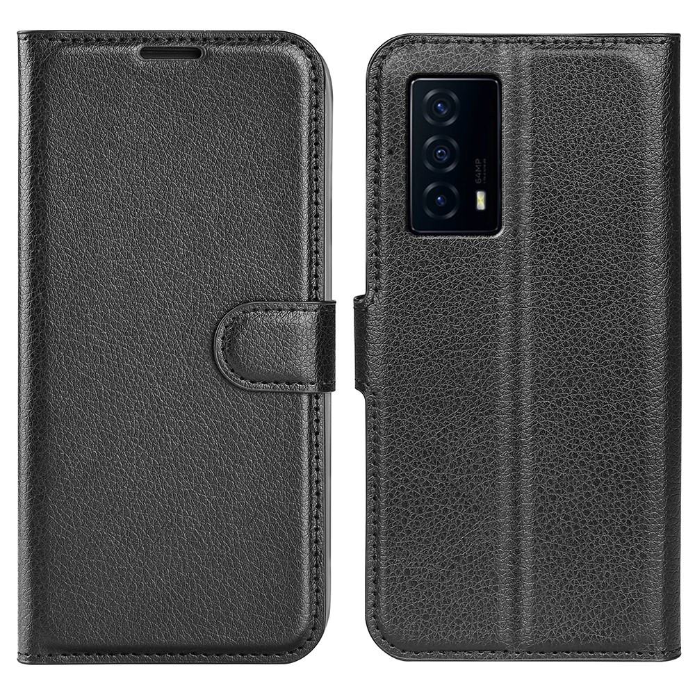 Anti-drop Shockproof Solid Color Litchi Texture PU Leather Stand Wallet Folio Flip Phone Cover for vivo iQOO Z5 - Black-1