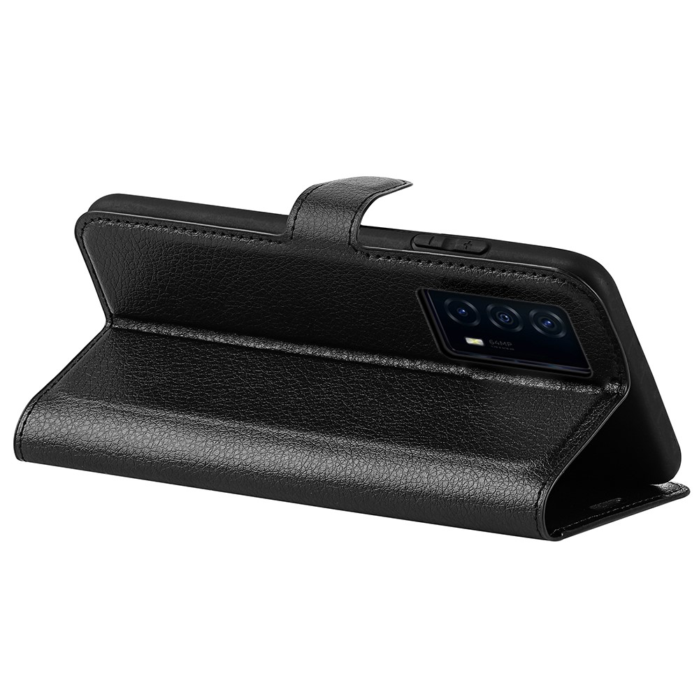 Anti-drop Shockproof Solid Color Litchi Texture PU Leather Stand Wallet Folio Flip Phone Cover for vivo iQOO Z5 - Black-2