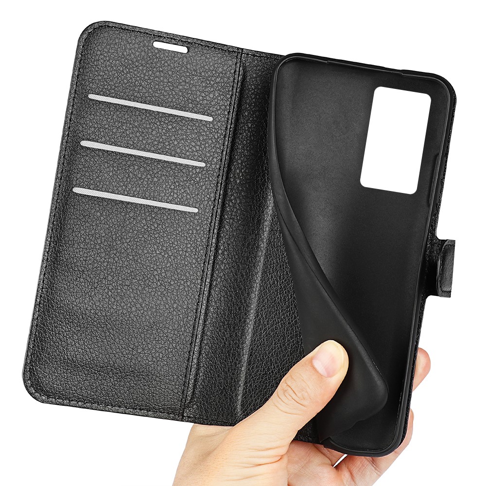 Anti-drop Shockproof Solid Color Litchi Texture PU Leather Stand Wallet Folio Flip Phone Cover for vivo iQOO Z5 - Black-4