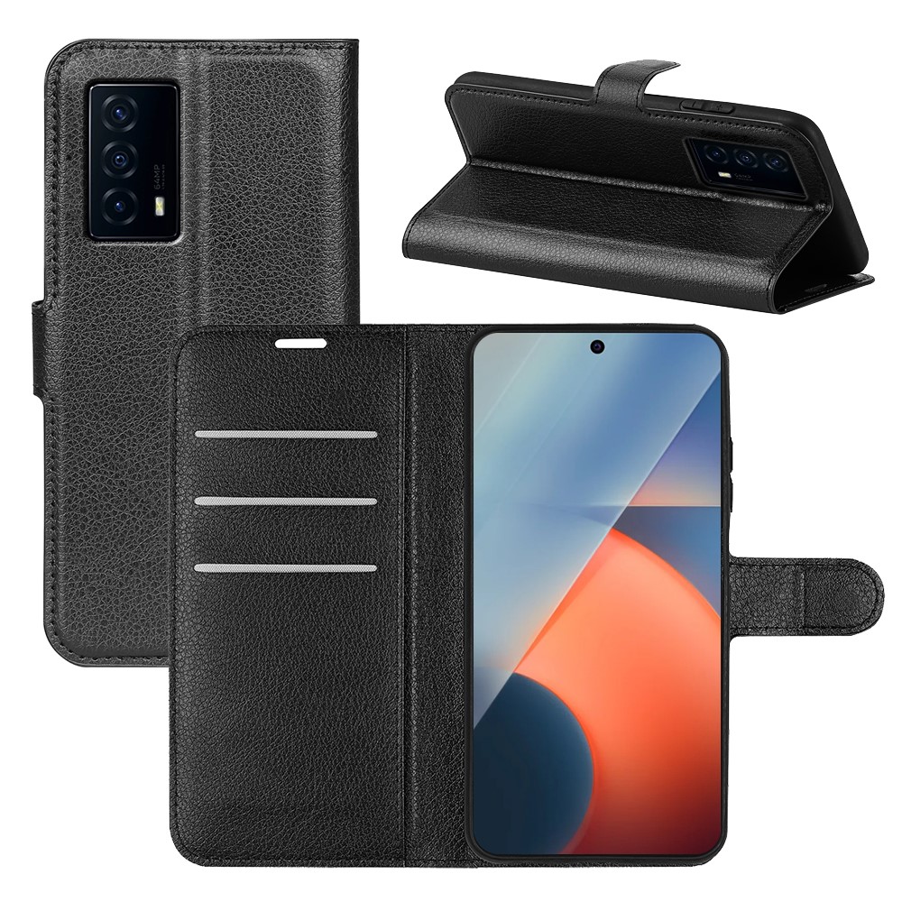 Anti-drop Shockproof Solid Color Litchi Texture PU Leather Stand Wallet Folio Flip Phone Cover for vivo iQOO Z5 - Black-7