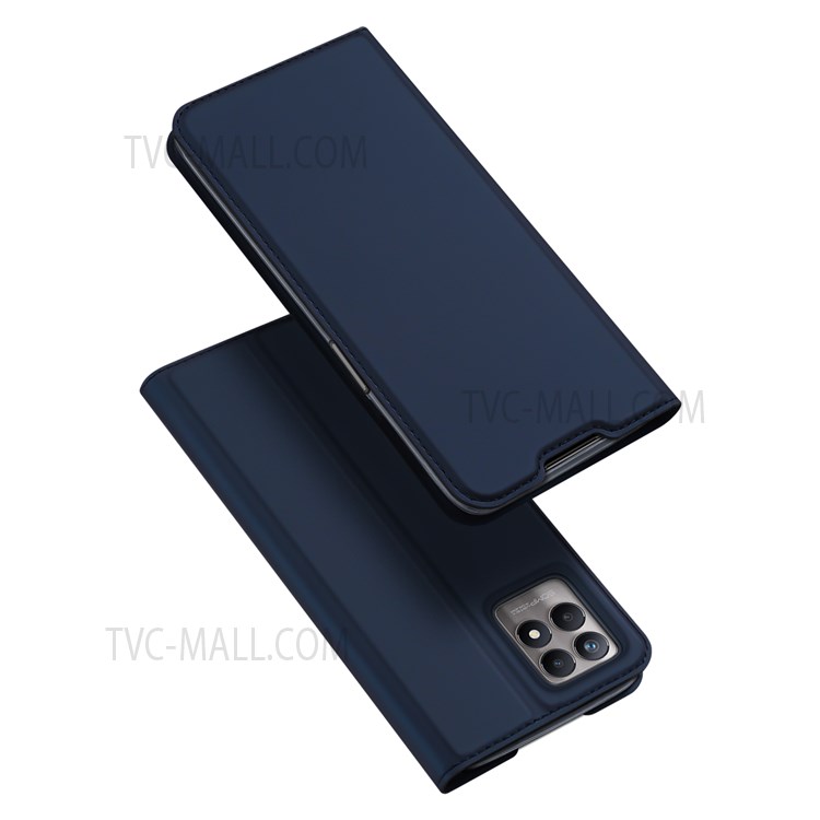 DUX DUCIS Skin Pro Series PU Leather Lens Protection Auto-absorbed Magnetic Closure Card Slot Case with Stand for Realme 8i - Blue-1
