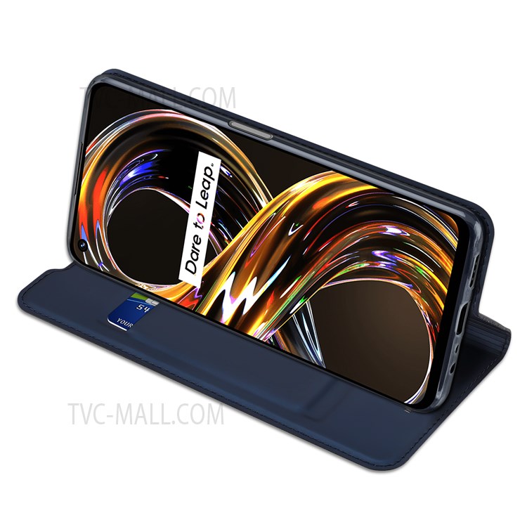 DUX DUCIS Skin Pro Series PU Leather Lens Protection Auto-absorbed Magnetic Closure Card Slot Case with Stand for Realme 8i - Blue-3