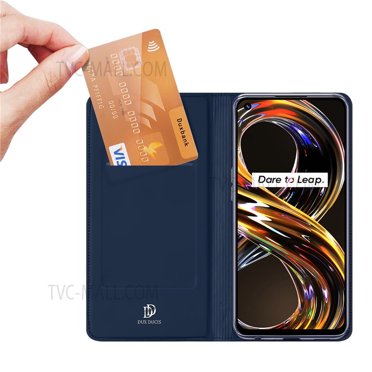DUX DUCIS Skin Pro Series PU Leather Lens Protection Auto-absorbed Magnetic Closure Card Slot Case with Stand for Realme 8i - Blue-4
