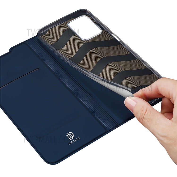 DUX DUCIS Skin Pro Series PU Leather Lens Protection Auto-absorbed Magnetic Closure Card Slot Case with Stand for Realme 8i - Blue-5