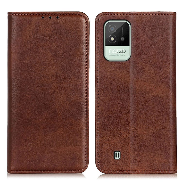 Stand Feature Split Leather Auto-absorbed Folio Flip Wallet Phone Cover for Realme Narzo 50i - Coffee-1