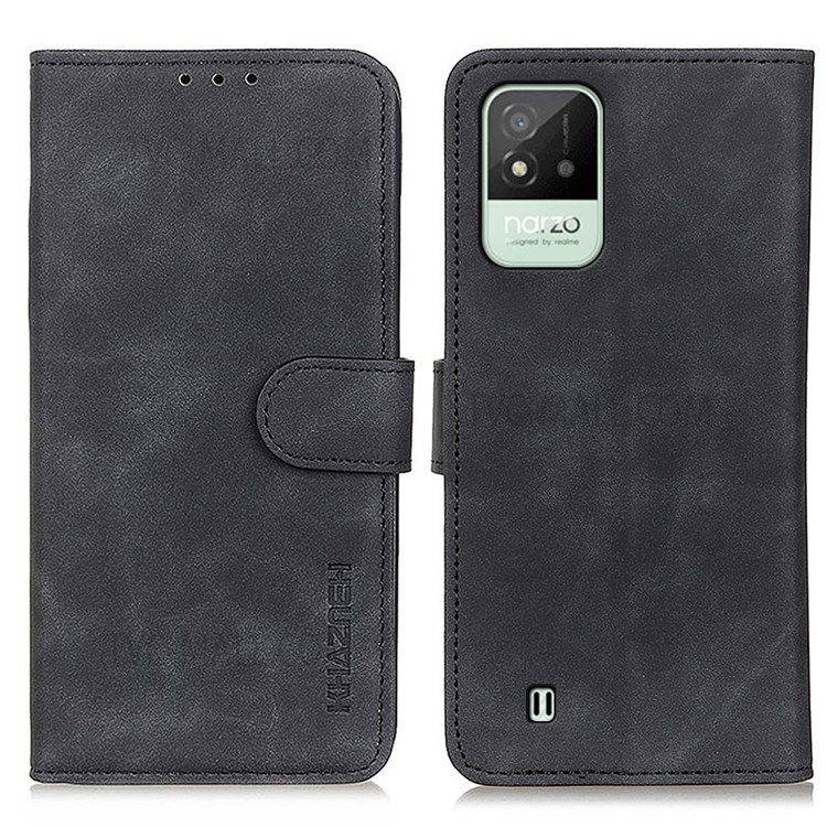 KHAZNEH Vintage Style PU Leather Full Body Protection Phone Case Cover with Stand Wallet for Realme Narzo 50i - Black-1