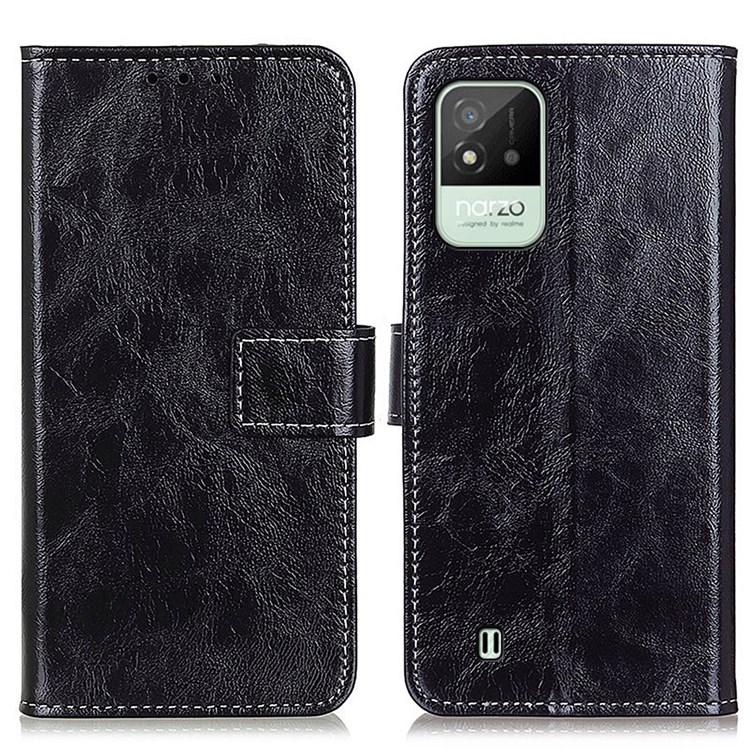 Stand Wallet Design Vintage Style Crazy Horse Texture Leather Phone Case for Realme Narzo 50i - Black-1
