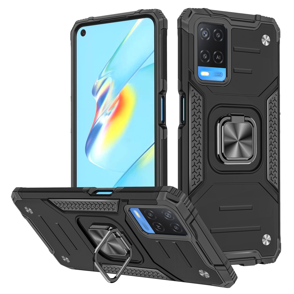 Rotation Ring Holder Kickstand Four Corners Anti-fall Detachable 2-in-1 Hard PC + Soft TPU Case for Oppo A54 4G - Black-1