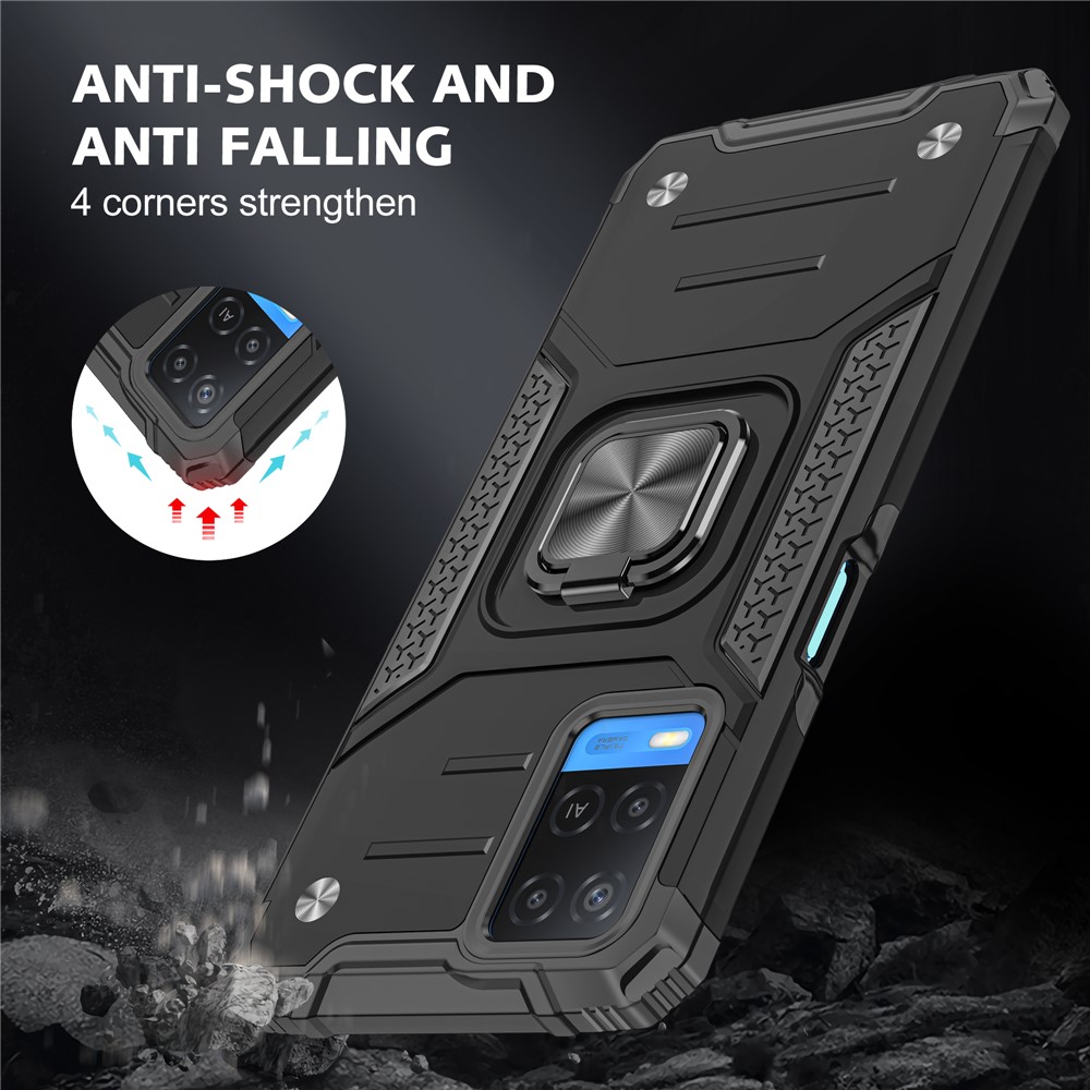 Rotation Ring Holder Kickstand Four Corners Anti-fall Detachable 2-in-1 Hard PC + Soft TPU Case for Oppo A54 4G - Black-5