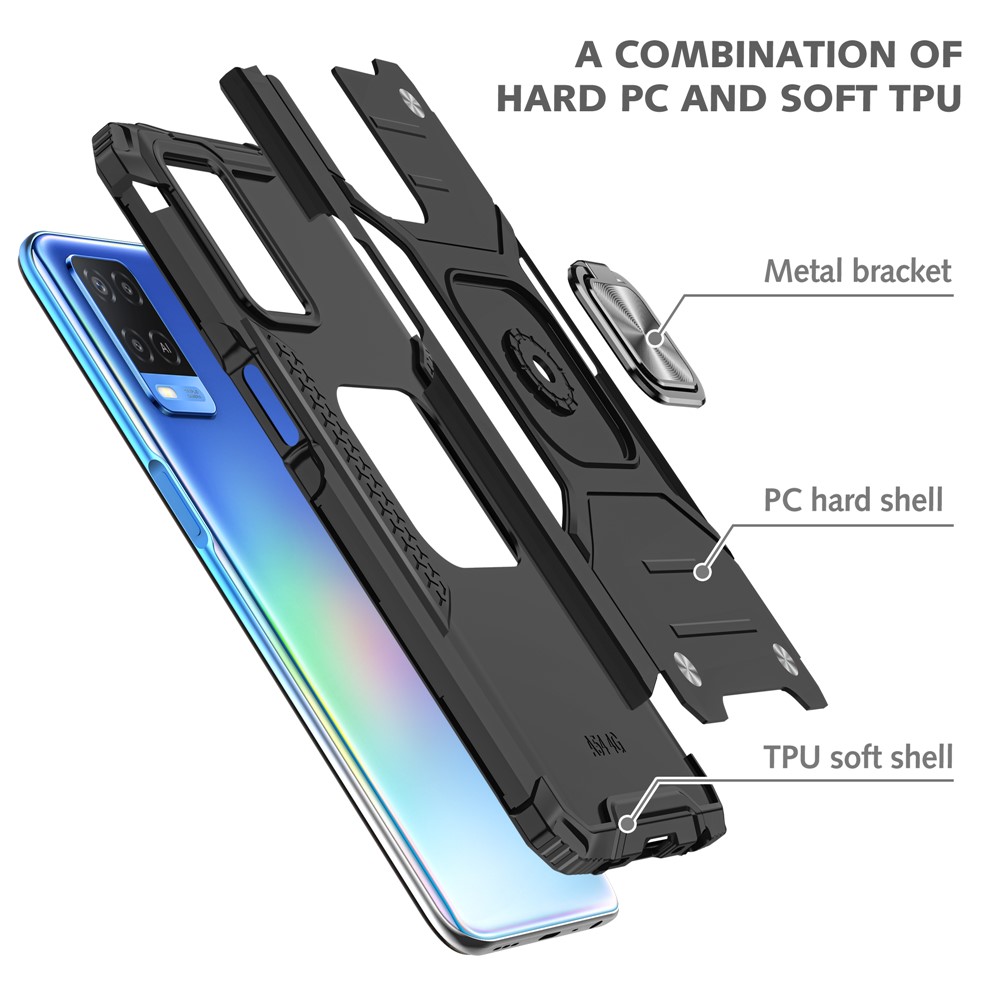 Rotation Ring Holder Kickstand Four Corners Anti-fall Detachable 2-in-1 Hard PC + Soft TPU Case for Oppo A54 4G - Black-7