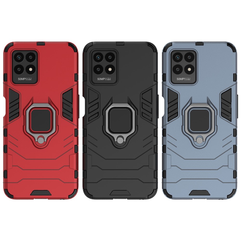 Ring Holder Kickstand Shockproof Hard PC + Soft TPU Phone Hybrid Case Cover for Realme 8i - Black-12