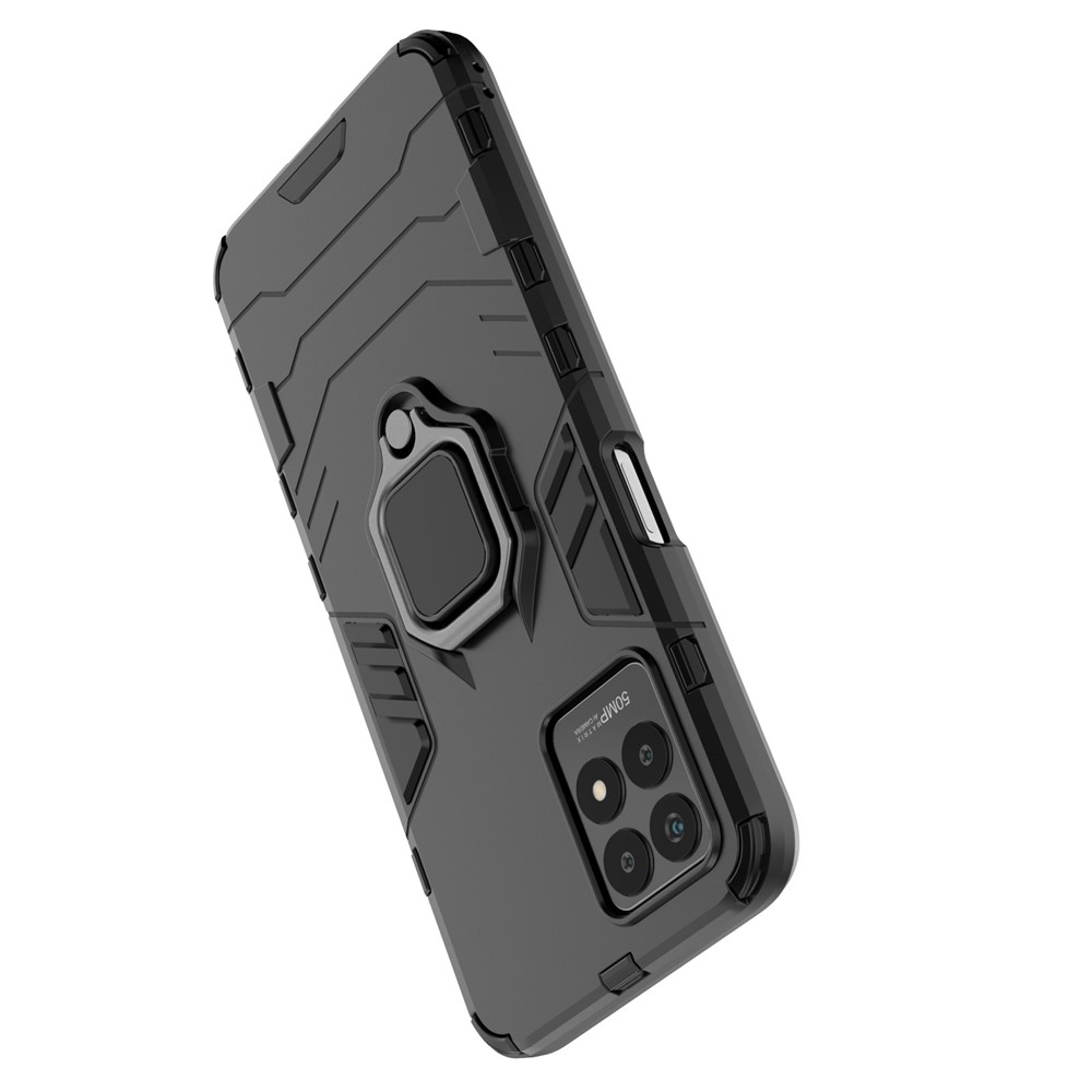 Ring Holder Kickstand Shockproof Hard PC + Soft TPU Phone Hybrid Case Cover for Realme 8i - Black-8