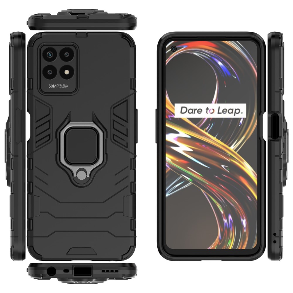 Ring Holder Kickstand Shockproof Hard PC + Soft TPU Phone Hybrid Case Cover for Realme 8i - Black-9