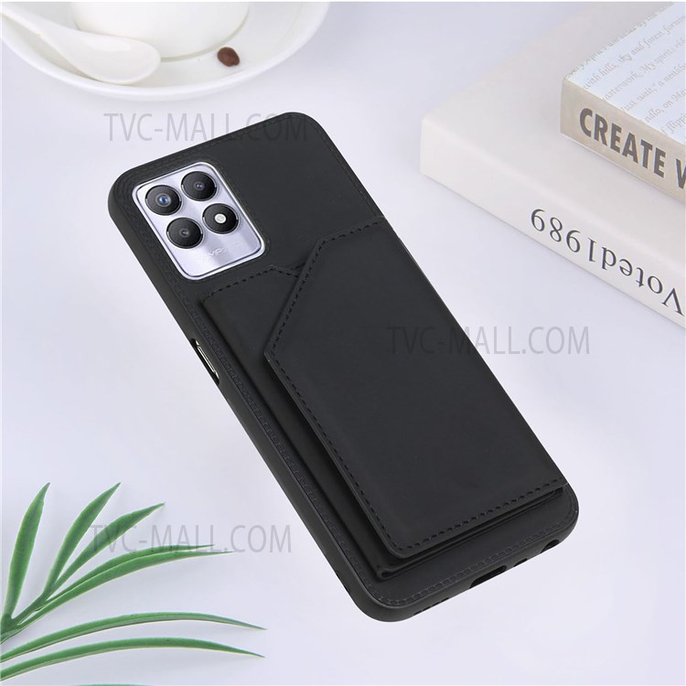 Skin-touch Feel Kickstand Card Holder Design Shock-resistant PU Leather Coated Phone Cover for Realme 8i - Black-6