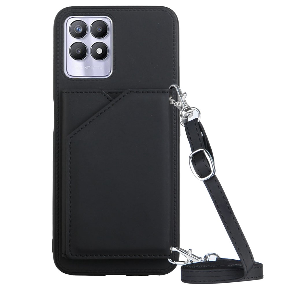 Multiple Card Slots Solid Color Anti-scratch PU Leather + TPU Phone Cover Kickstand Case with Shoulder Strap for Realme 8i - Black-1