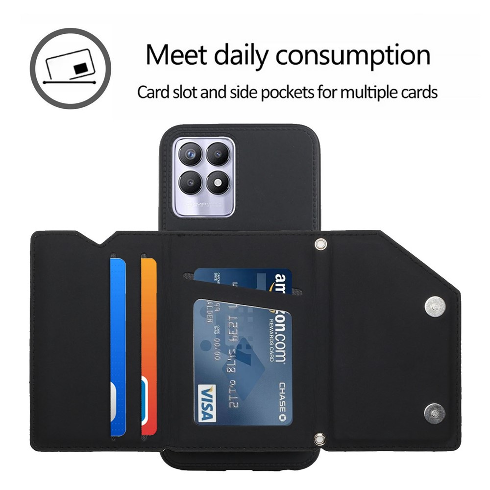 Multiple Card Slots Solid Color Anti-scratch PU Leather + TPU Phone Cover Kickstand Case with Shoulder Strap for Realme 8i - Black-2