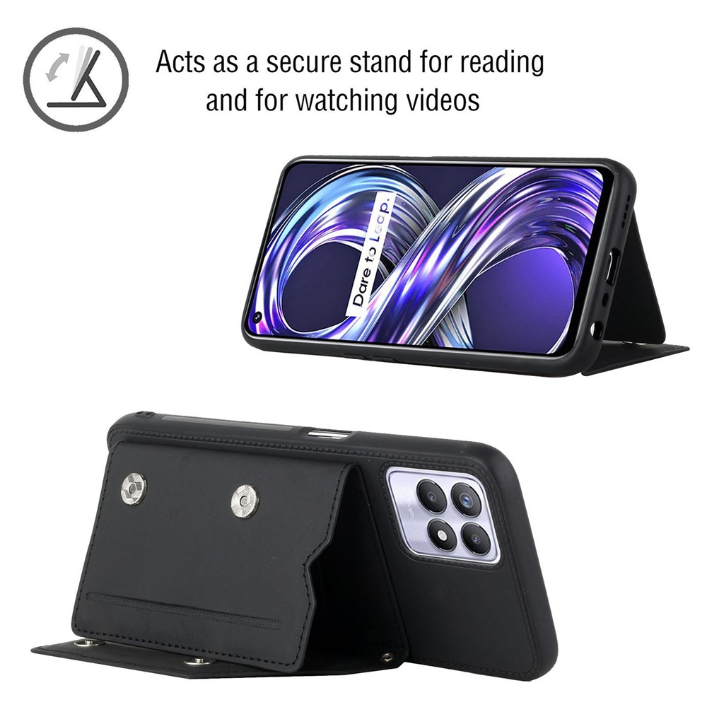 Multiple Card Slots Solid Color Anti-scratch PU Leather + TPU Phone Cover Kickstand Case with Shoulder Strap for Realme 8i - Black-3