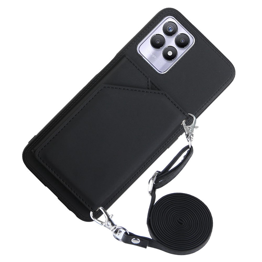 Multiple Card Slots Solid Color Anti-scratch PU Leather + TPU Phone Cover Kickstand Case with Shoulder Strap for Realme 8i - Black-4