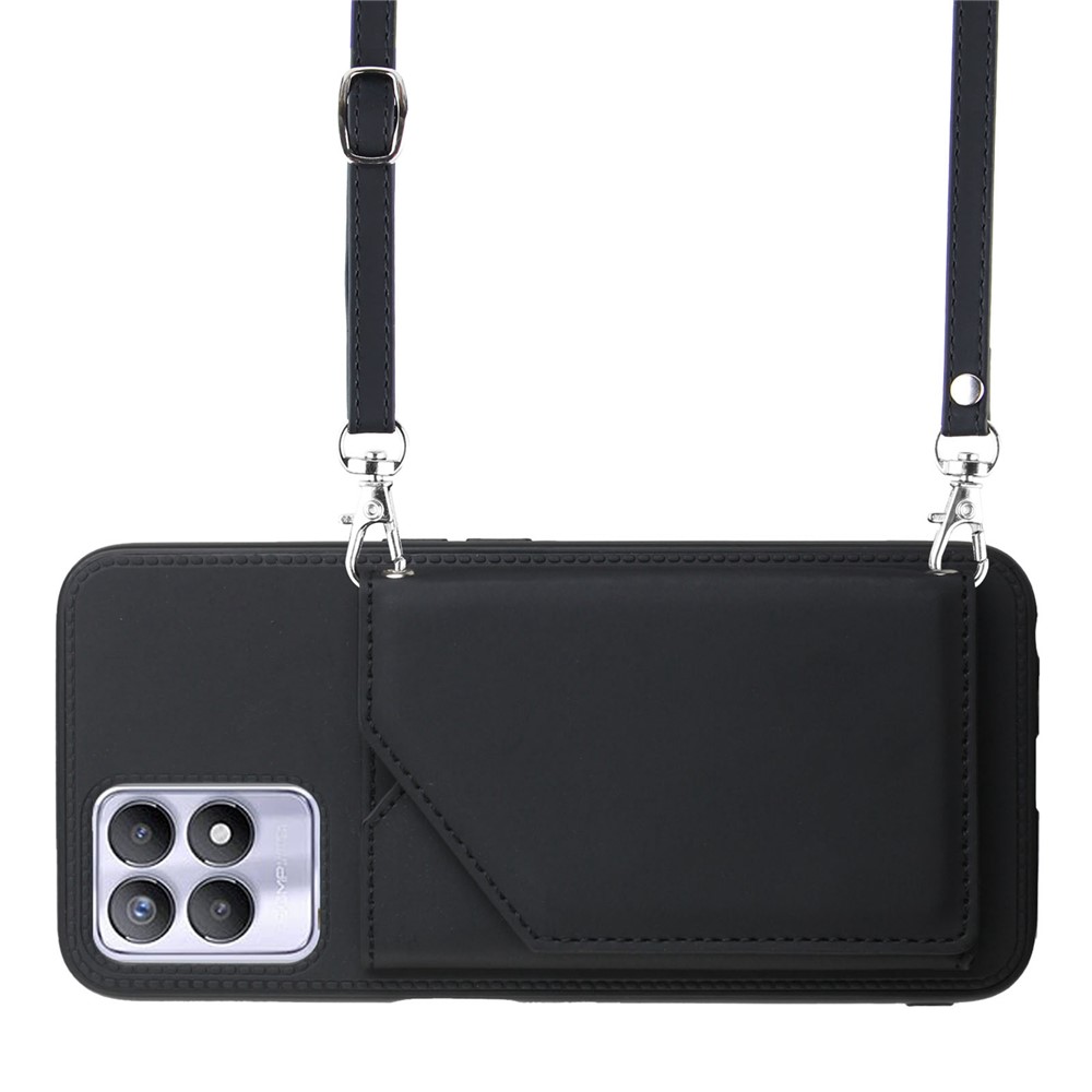 Multiple Card Slots Solid Color Anti-scratch PU Leather + TPU Phone Cover Kickstand Case with Shoulder Strap for Realme 8i - Black-5