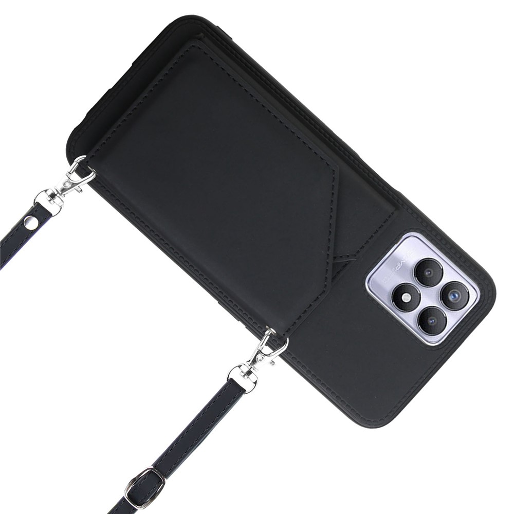 Multiple Card Slots Solid Color Anti-scratch PU Leather + TPU Phone Cover Kickstand Case with Shoulder Strap for Realme 8i - Black-6