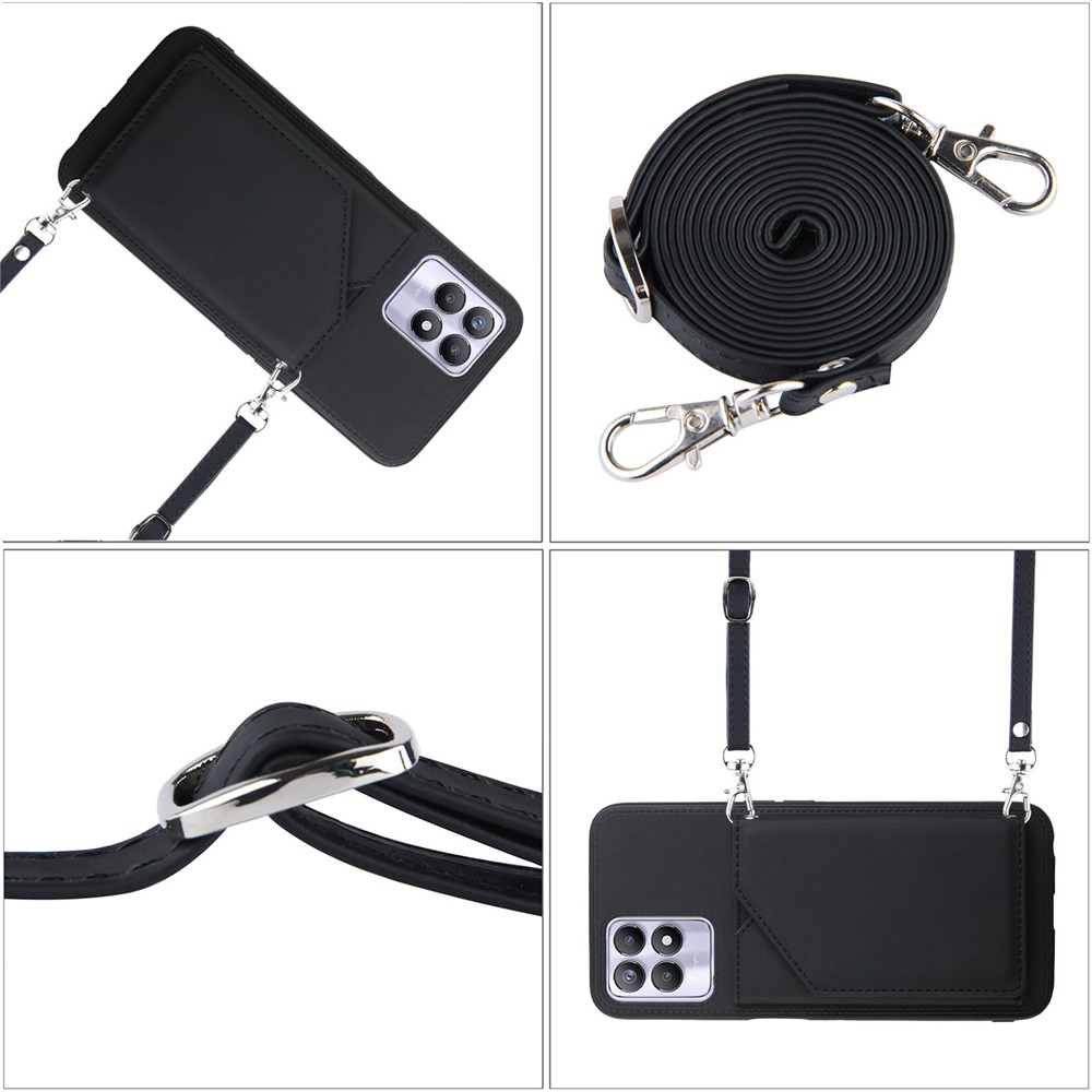 Multiple Card Slots Solid Color Anti-scratch PU Leather + TPU Phone Cover Kickstand Case with Shoulder Strap for Realme 8i - Black-7