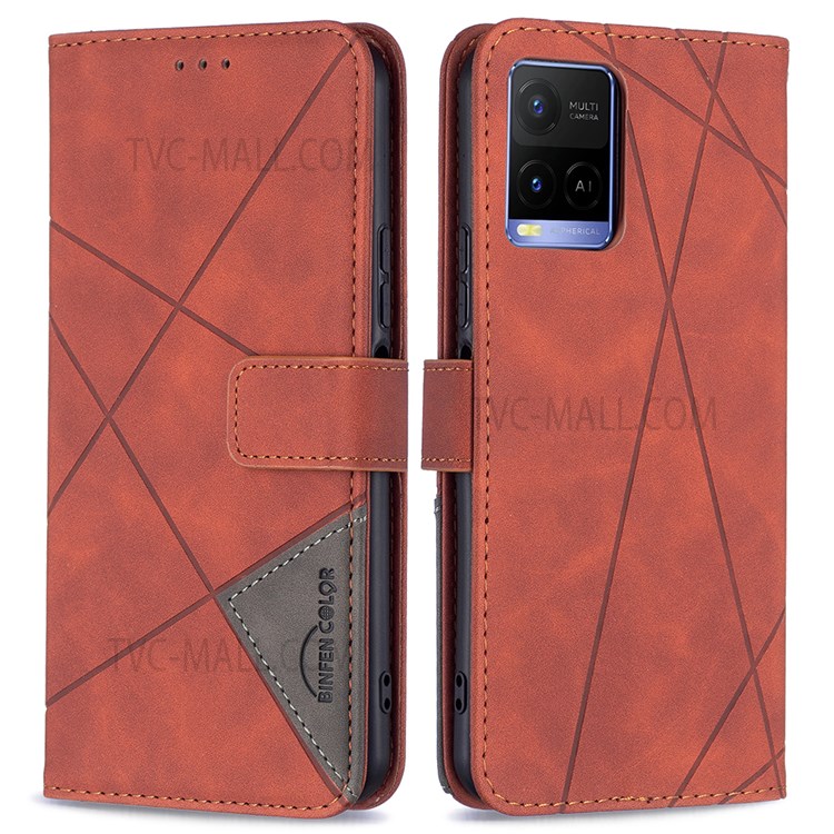 BINFEN COLOR BF05 Geometric Imprinted PU Leather Case Wallet Stand Flip Protective Cover for vivo Y21 - Brown-1