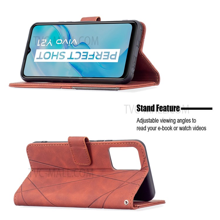 BINFEN COLOR BF05 Geometric Imprinted PU Leather Case Wallet Stand Flip Protective Cover for vivo Y21 - Brown-2