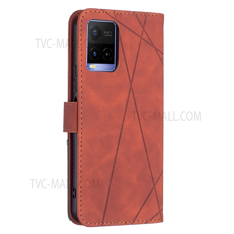 BINFEN COLOR BF05 Geometric Imprinted PU Leather Case Wallet Stand Flip Protective Cover for vivo Y21 - Brown-5