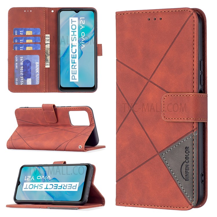 BINFEN COLOR BF05 Geometric Imprinted PU Leather Case Wallet Stand Flip Protective Cover for vivo Y21 - Brown-8