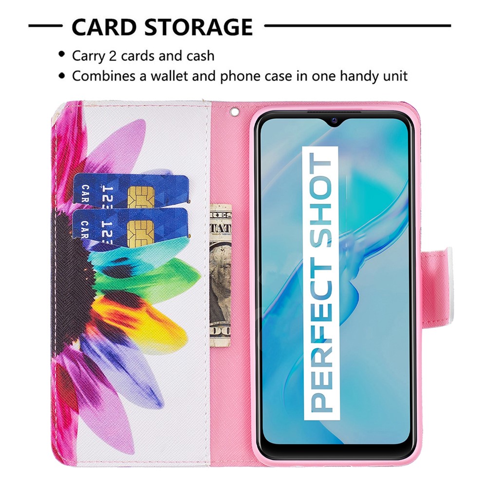Pattern Printing PU Leather Phone Case Stand Book Design Flip Folio Cover with Wallet for vivo Y21 - Sunflower-3