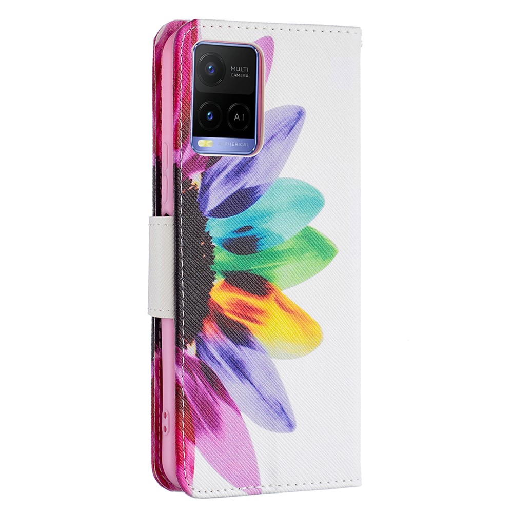 Pattern Printing PU Leather Phone Case Stand Book Design Flip Folio Cover with Wallet for vivo Y21 - Sunflower-5