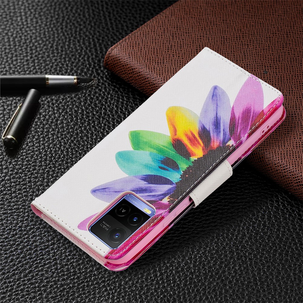 Pattern Printing PU Leather Phone Case Stand Book Design Flip Folio Cover with Wallet for vivo Y21 - Sunflower-7