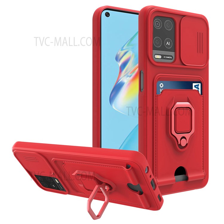 Card Slot Design Multifunctional Soft TPU Phone Case Shell with Rotatable Finger Ring Kickstand for Oppo A54 4G - Red-1