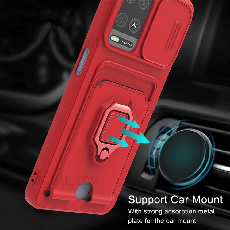 Card Slot Design Multifunctional Soft TPU Phone Case Shell with Rotatable Finger Ring Kickstand for Oppo A54 4G - Red-2